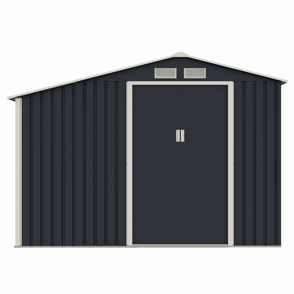 Casute pentru gradina - Casuta / magazie de gradina premium metalica, MESTERINO Luke-A, Gri/Bej, dimensiuni 278x131x195 cm, cu usi culisante si baza metalica