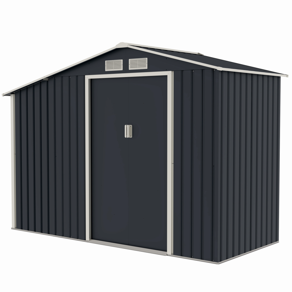 Casuta / magazie de gradina premium metalica, MESTERINO Luke-A, Gri/Bej, dimensiuni 278x131x195 cm, cu usi culisante si baza metalica [1]