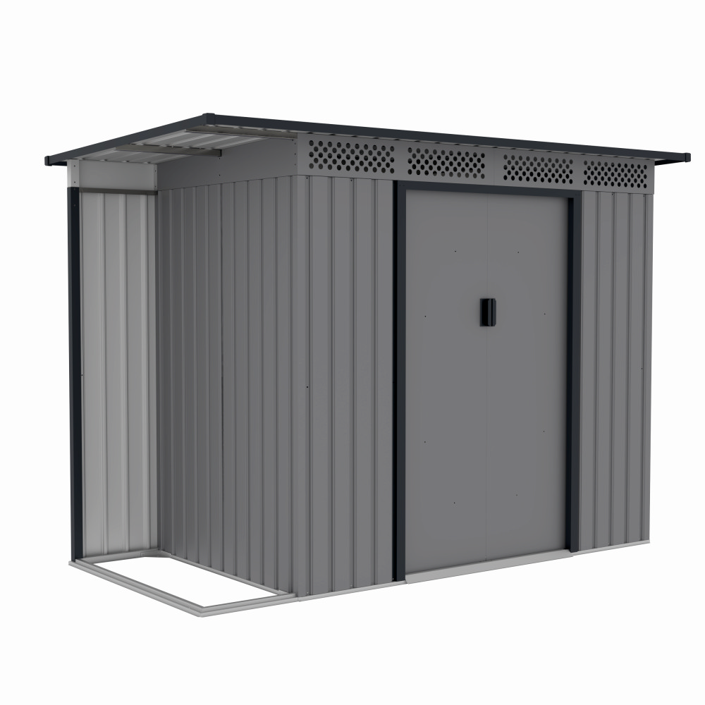 Casute pentru gradina - Casuta / magazie de gradina premium metalica, MESTERINO Chester-A, Gri/Bej, dimensiuni 257x142x184 cm, cu usi culisante si baza metalica