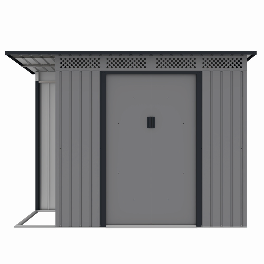 Casuta / magazie de gradina premium metalica, MESTERINO Chester-A, Gri/Bej, dimensiuni 257x142x184 cm, cu usi culisante si baza metalica [1]