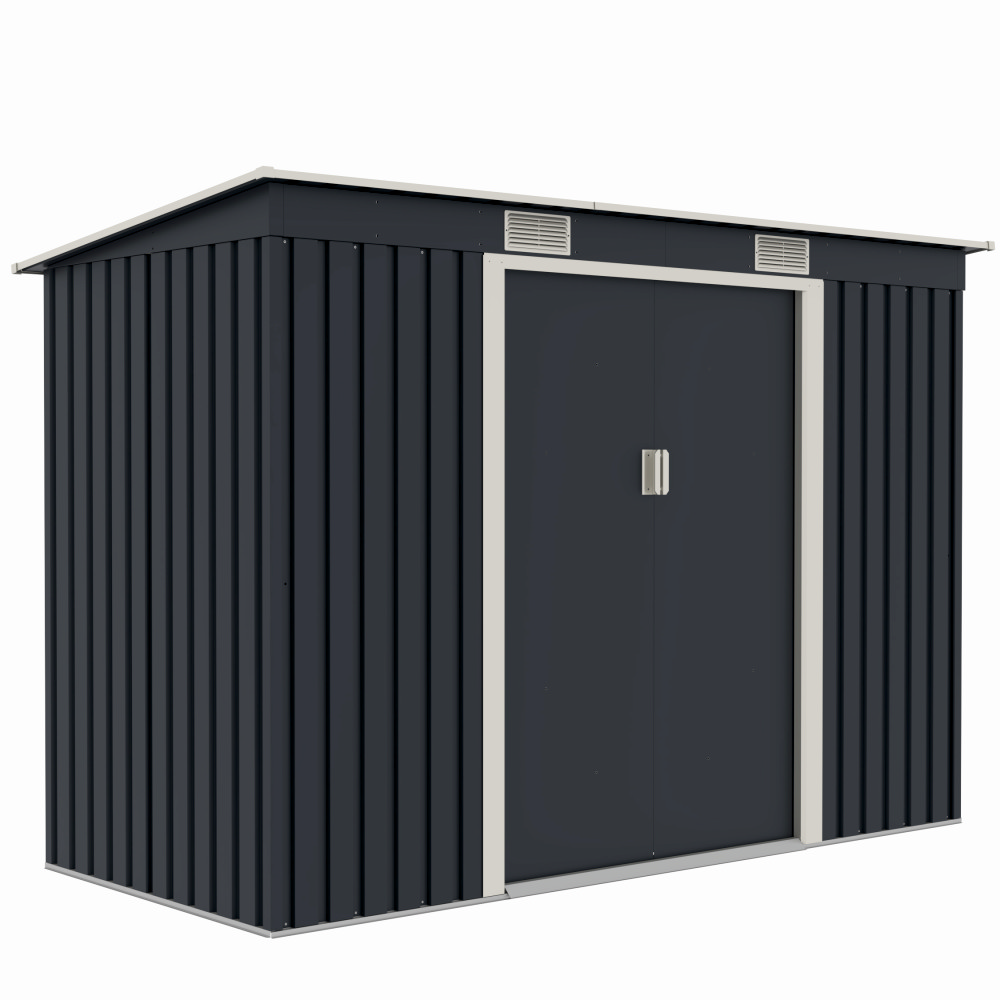 Casute pentru gradina - Casuta / magazie de gradina premium metalica, MESTERINO S2001-B, Gri/Bej, dimensiuni 261x121x176 cm, cu usi culisante si baza metalica