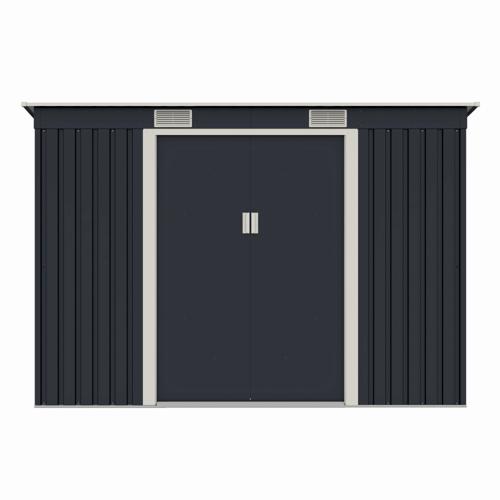 Casuta / magazie de gradina premium metalica, MESTERINO S2001-B, Gri/Bej, dimensiuni 261x121x176 cm, cu usi culisante si baza metalica [1]