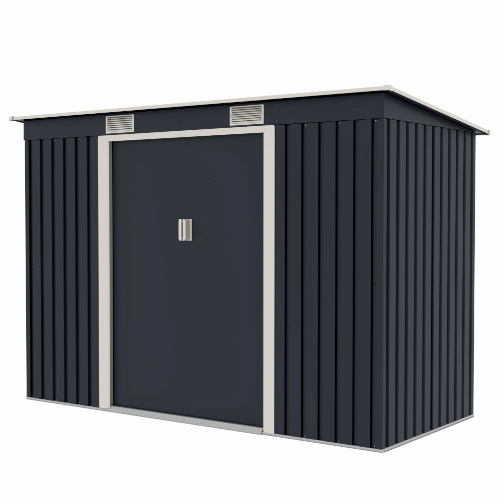 Casuta / magazie de gradina premium metalica, MESTERINO S2001-B, Gri/Bej, dimensiuni 261x121x176 cm, cu usi culisante si baza metalica [2]