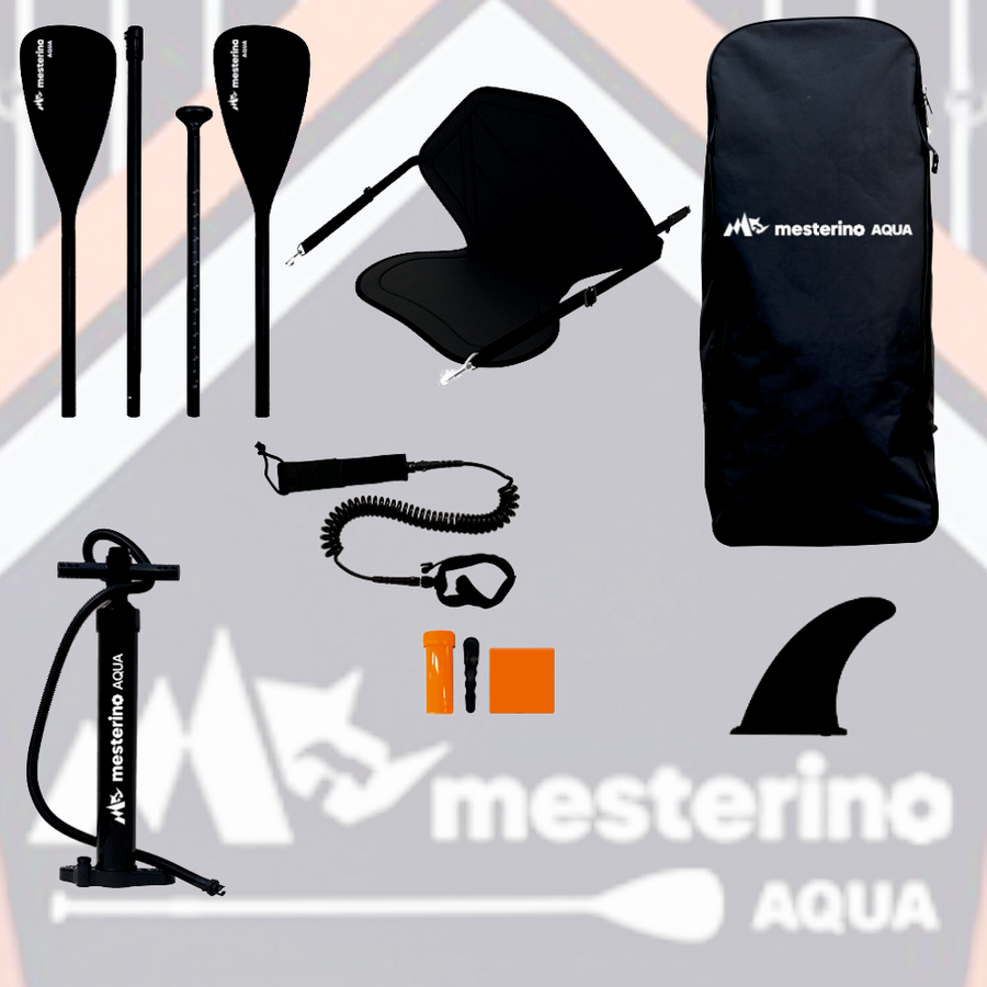 Set placa gonflabila Stand Up Paddle Mesterino Aqua SUP081, 320x81x15cm, geantă de transport, vasla, pompa, scaun, lesa, kit de reparatii, culoare Abstract Negru-Rosu [5]