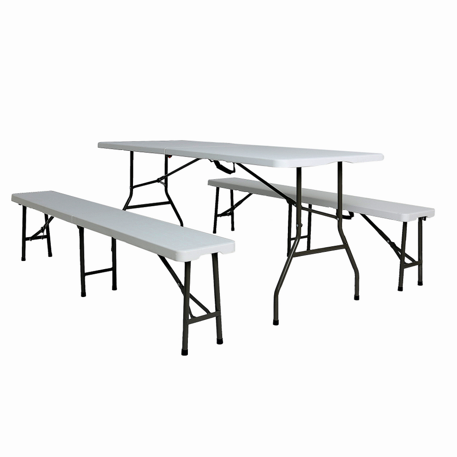 Mese pentru gradina - Set masa pliabila 4 persoane din otel cu HDPE 180x70x74 cm + doua banci pliabile din otel si HDPE 183x28x43cm, MESTERINO FURNITURE KJC2061-SET, culoare alba