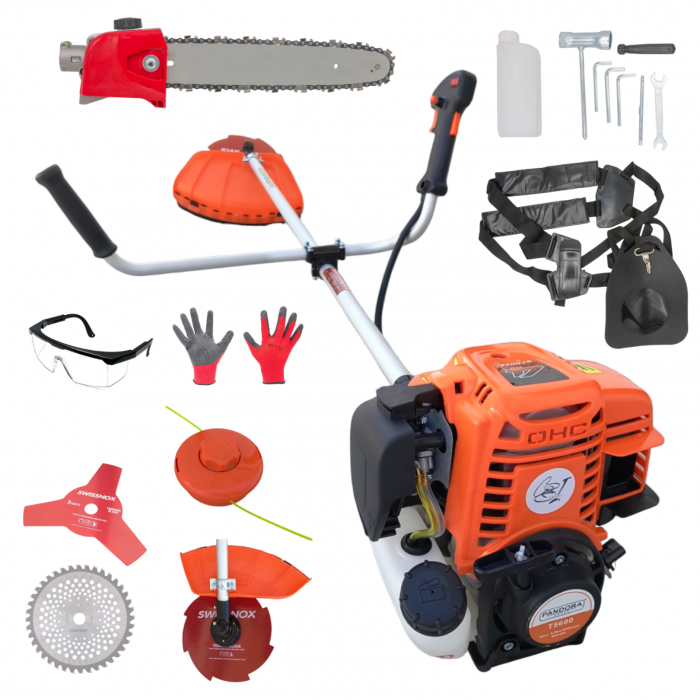 Motocositoare Pandora T5600 - Motor 4 TIMPI, 7,5HP 62CC, 9000RPM, 5.6 KW, Kit de instalare si 7 accesorii incluse + accesoriu tip drujba 28mm [1]