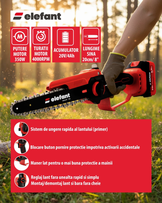 Set mini drujbă 8” cu tija extensibila pana la 2,5 m ELEFANT ESBS-8EP2.5 | Brushless, 20V 4Ah [2]