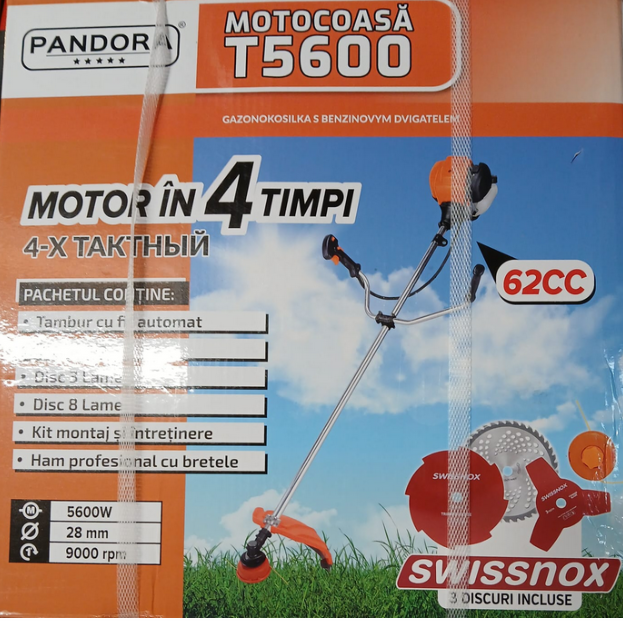 Motocositoare Pandora T5600 - Motor 4 TIMPI, 7,5HP 62CC, 9000RPM, 5.6 KW, Kit de instalare si 7 accesorii incluse + accesoriu tip drujba 28mm [18]