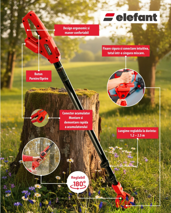 Set mini drujbă 8” cu tija extensibila pana la 2,5 m ELEFANT ESBS-8EP2.5 | Brushless, 20V 4Ah [3]