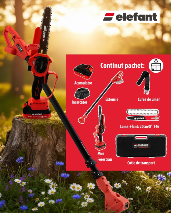 Set mini drujbă 8” cu tija extensibila pana la 2,5 m ELEFANT ESBS-8EP2.5 | Brushless, 20V 4Ah [4]