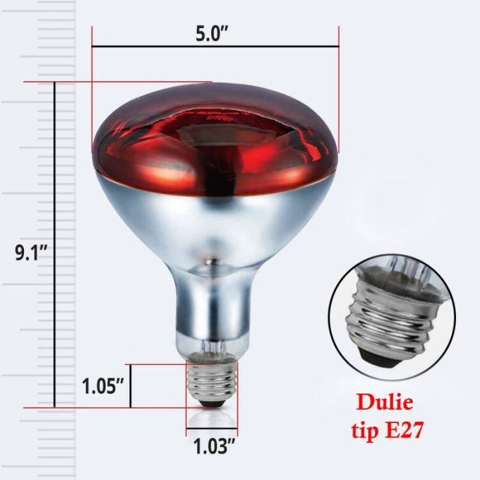 Bec infraroșu 200W cu vârf roșu închis – căldură instantanee pentru pui și animale tinere, eficiență termică peste 90%, compatibil cu lămpi E27 [1]