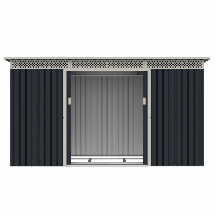 Casuta / magazie de gradina premium metalica, MESTERINO Bella-C, Gri/Bej, dimensiuni 343x142x184 cm, cu usi culisante si baza metalica [4]