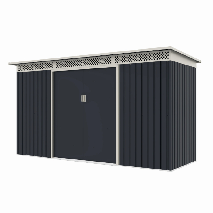 Casuta / magazie de gradina premium metalica, MESTERINO Bella-C, Gri/Bej, dimensiuni 343x142x184 cm, cu usi culisante si baza metalica [3]