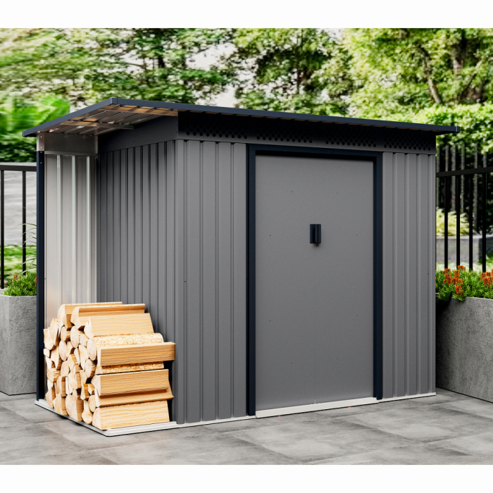 Casuta / magazie de gradina premium metalica, MESTERINO Chester-A, Gri/Bej, dimensiuni 257x142x184 cm, cu usi culisante si baza metalica [5]