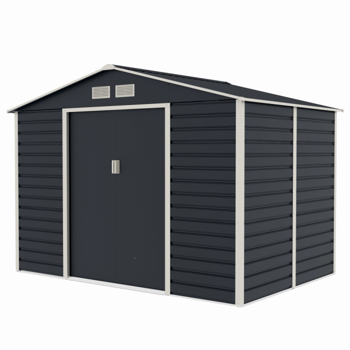 Casuta / magazie de gradina premium metalica, MESTERINO Evan-C, Gri/Bej, dimensiuni 277x195x200 cm, cu usi culisante si baza metalica [3]