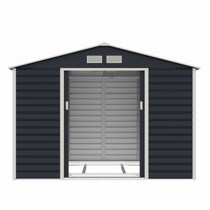 Casuta / magazie de gradina premium metalica, MESTERINO Evan-C, Gri/Bej, dimensiuni 277x195x200 cm, cu usi culisante si baza metalica [4]