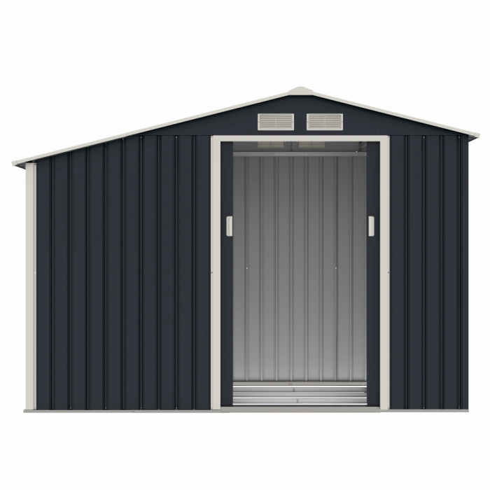 Casuta / magazie de gradina premium metalica, MESTERINO Luke-A, Gri/Bej, dimensiuni 278x131x195 cm, cu usi culisante si baza metalica [4]