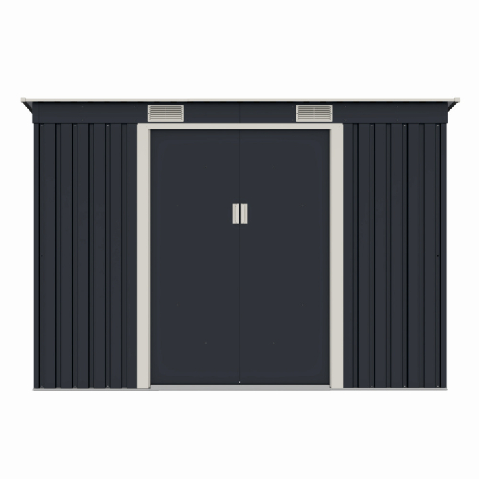 Casuta / magazie de gradina premium metalica, MESTERINO S2001-B, Gri/Bej, dimensiuni 261x121x176 cm, cu usi culisante si baza metalica [2]