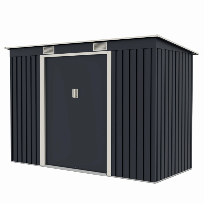 Casuta / magazie de gradina premium metalica, MESTERINO S2001-B, Gri/Bej, dimensiuni 261x121x176 cm, cu usi culisante si baza metalica [3]