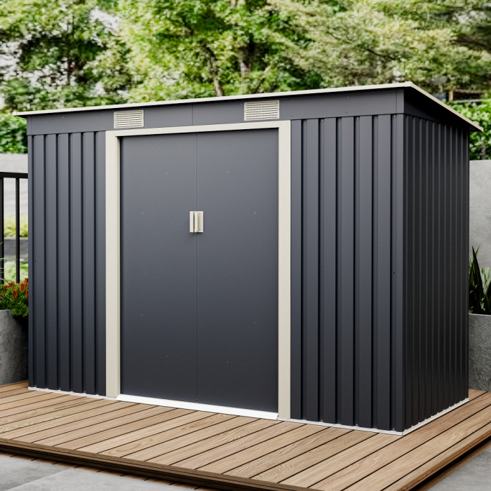 Casuta / magazie de gradina premium metalica, MESTERINO S2001-B, Gri/Bej, dimensiuni 261x121x176 cm, cu usi culisante si baza metalica [5]