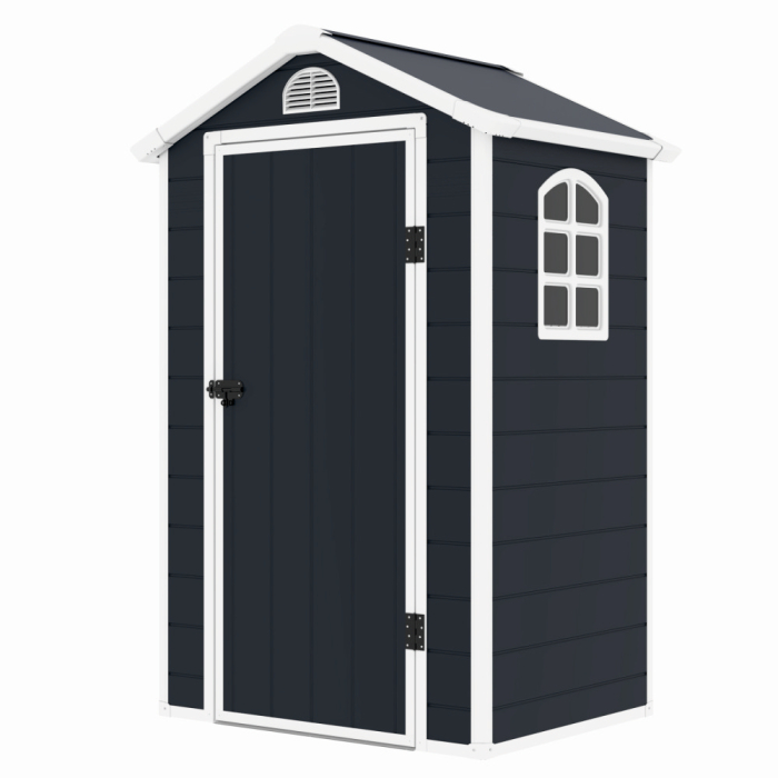 Casuta / magazie de gradina premium, panel plastic si ranforsare metal, MESTERINO AVE-A, Gri/Bej, dimensiuni 134x104x204 cm, usa cu balama, baza metalica [3]