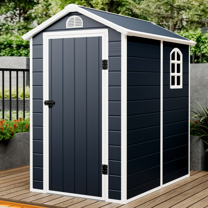 Casuta / magazie de gradina premium, panel plastic si ranforsare metal, MESTERINO AVE-B, Gri/Bej, dimensiuni 134x192x204 cm, usa cu balama, baza metalica [5]