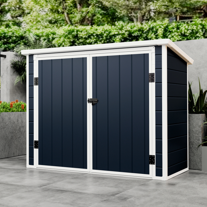 Casuta / magazie de gradina premium, panel plastic si ranforsare metal, MESTERINO Colin-A, Gri/Bej, dimensiuni 199x90x149 cm, usi cu balama, baza metalica [5]