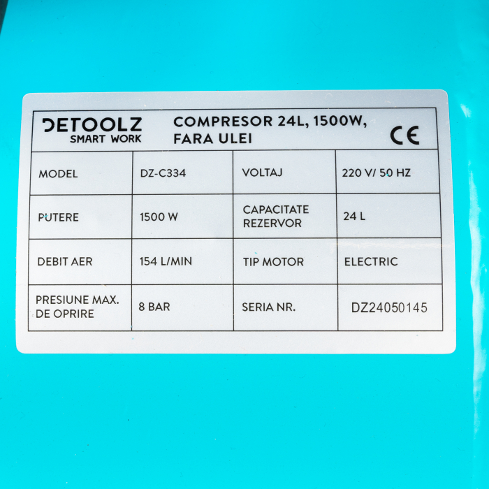 Compresor Detoolz 24L fara ulei, 1500 W, debit 154L/min, 8 bar, 2 prize de aer [12]