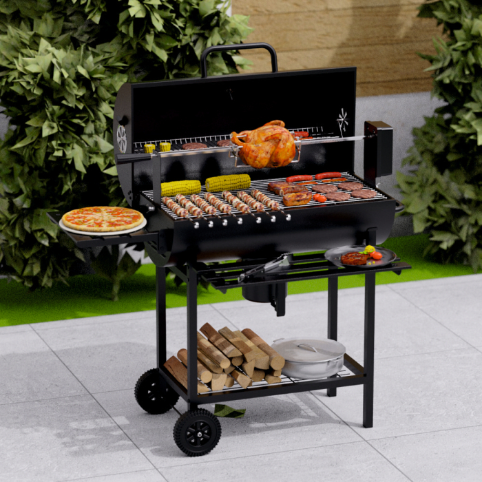 Gratar pe carbuni KLUGMEISTER KY1813D, material otel, cu capac si roti deplasare, cu rotisor, suprafata gatire 71x35 cm [4]