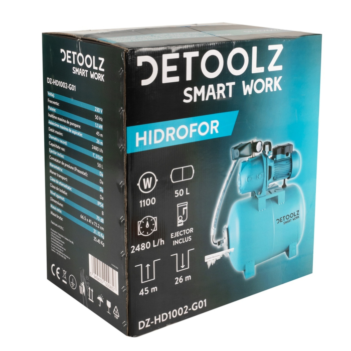 Hidrofor Detoolz 1.1 kW, debit maxim 2480lh, inaltime maxima de pompare 45m, corp pompa fonta, butelie 50L, ejector [15]