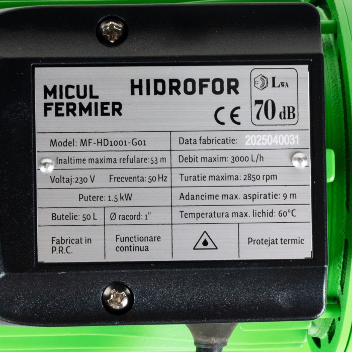 Hidrofor Micul Fermier 1.5 kW, debit maxim 3000l/h, inaltime maxima de pompare 53m, corp pompa fonta, butelie 50L [12]