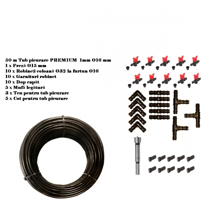 Kit Irigare  prin Picurare pentru 60 m 5 LINII de 10 m (Furtun 50m) DUZE 40cm debit 4l/h   44 Accesorii [2]