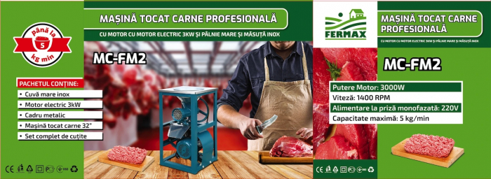 Masina de tocat carne Nr.32, Fermax MC-FM2, 300Kg/Ora, cu motor electric 1.5KW, palnie mare si masa [7]
