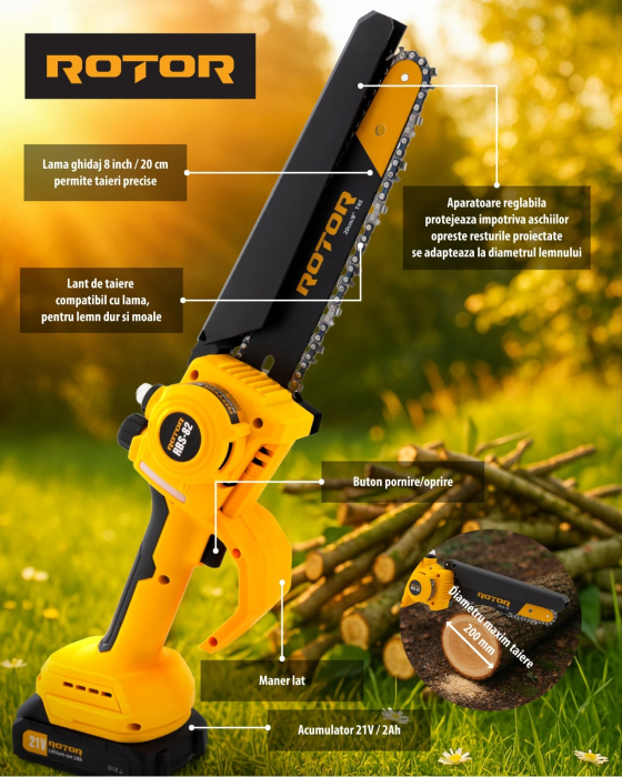 Mini drujba 8" pe acumulator cu 2 acumulatori 21V /2Ah si incarcator ROTOR RBS-82motor brushless, motor brushless, 21V [2]