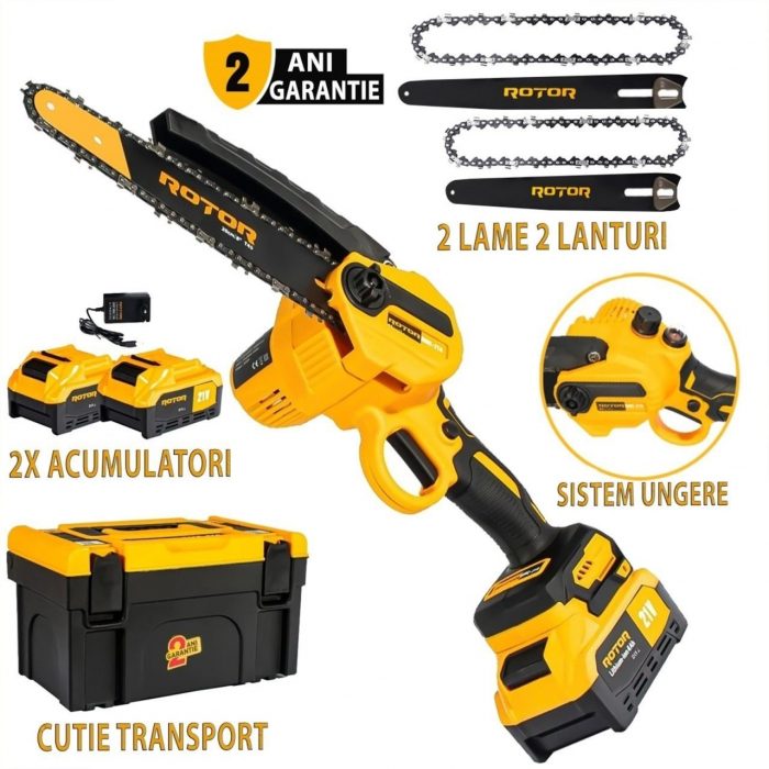 Mini Drujba pe Acumulator ROTOR RMC218, 21V, 4Ah, 900W, Viteză 4500 rot/min, Lama 20 cm, Include 2 Acumulatori [1]
