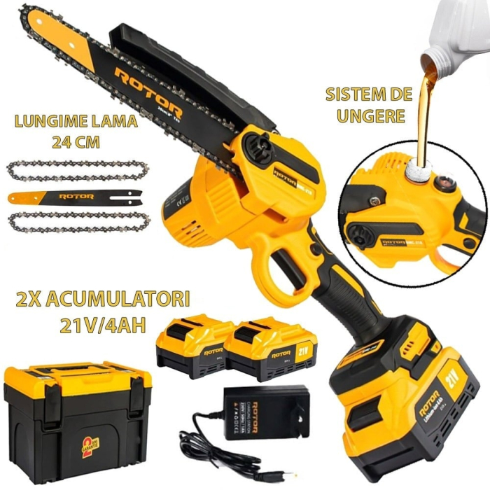 Mini Drujba pe Acumulator ROTOR RMC218, 21V, 4Ah, 900W, Viteză 4500 rot/min, Lama 20 cm, Include 2 Acumulatori [2]