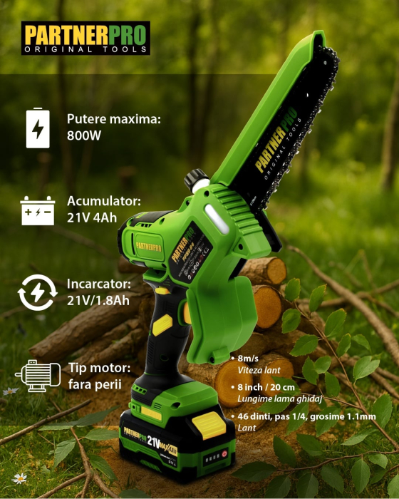 Mini fierăstrău PARTNERPRO PPBS-84 21V 4Ah Brushless 800W | Ungere automată, lanț 8” [2]
