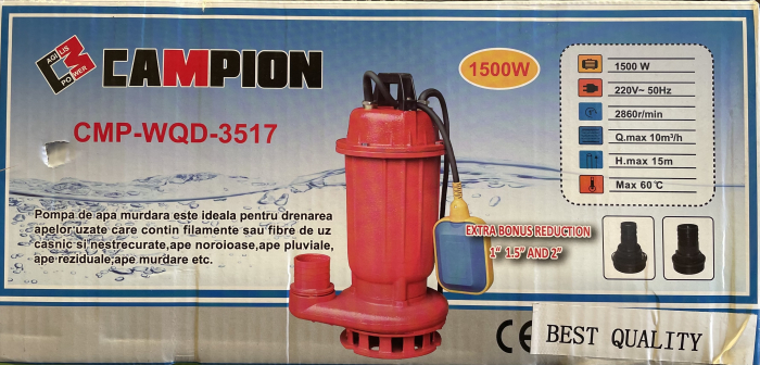 Pompa de apa murdara Campion WQD RED cu Plutitor, Putere 1500 W, Inaltime de refulare 15 M [2]