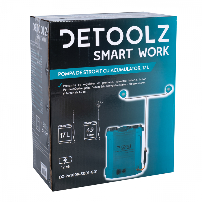 Pompa de stropit cu acumulator DETOOLZ, 7.5 Bar (2 MOTOARE si Acumulator 12V-12AAh) Detoolz 17Litri [10]