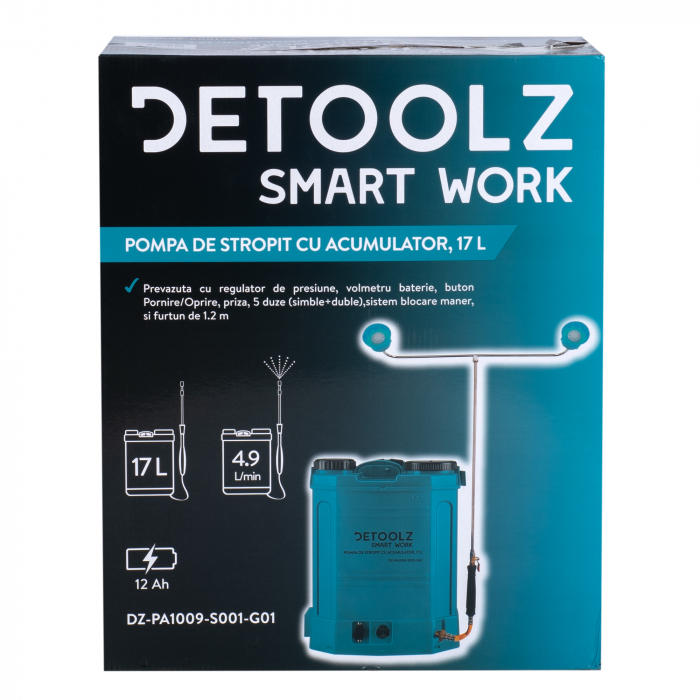 Pompa de stropit cu acumulator DETOOLZ, 7.5 Bar (2 MOTOARE si Acumulator 12V-12AAh) Detoolz 17Litri [11]