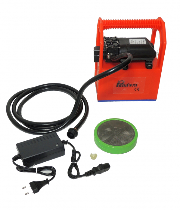 Pompa de stropit cu presiune cu doua motoare 12Vdc alimentata cu acumulator 12Ah - Pandora GF-1523, presiune 5,5-7,5 bar  cu cadru PORTABIL cu maner Grandepo [16]