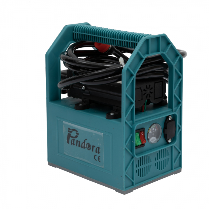 Pompa de stropit cu presiune cu doua motoare 12Vdc alimentata cu acumulator 12Ah - Pandora GF-1523, presiune 5,5-7,5 bar  cu cadru PORTABIL cu maner Grandepo [2]