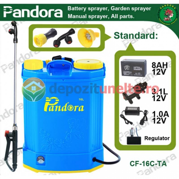 Pompa stropit electrica Micul Fermier ( Pandora ) 16 Litri, 5,5 Bar + regulator presiune, vermorel cu baterie acumulator [15]