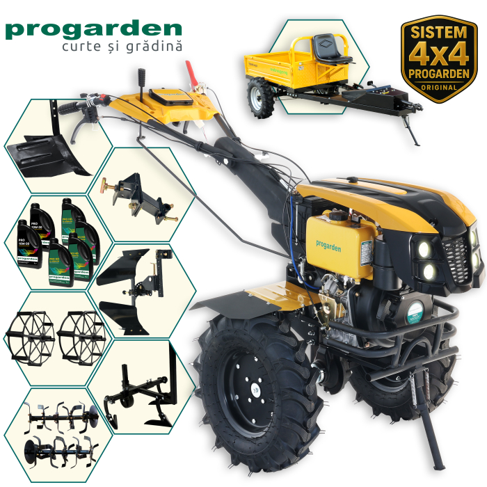 ProGARDEN Pachet Campo 1273 Alpine V2, Motocultor 12CP + PRS20-45 Prasitoare + Remorca RM500T+ Plug bilonat/rarita + Plug reversibil + Adaptor + 2 Roti metalice 540x170 + 6 L ulei [1]