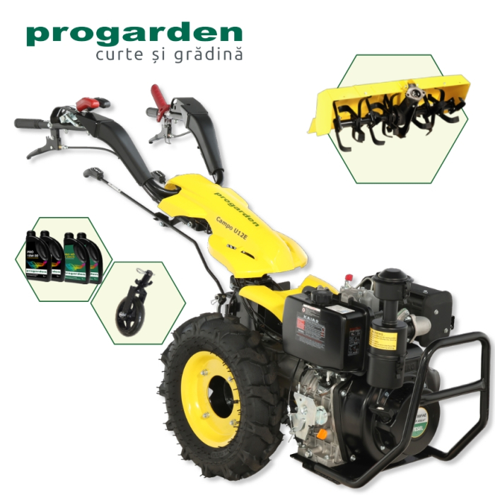 ProGARDEN Pachet Campo U12E Motocultor 12CP + FT90 Freza tractata 90cm + Roata sustinere + 4L Ulei [1]