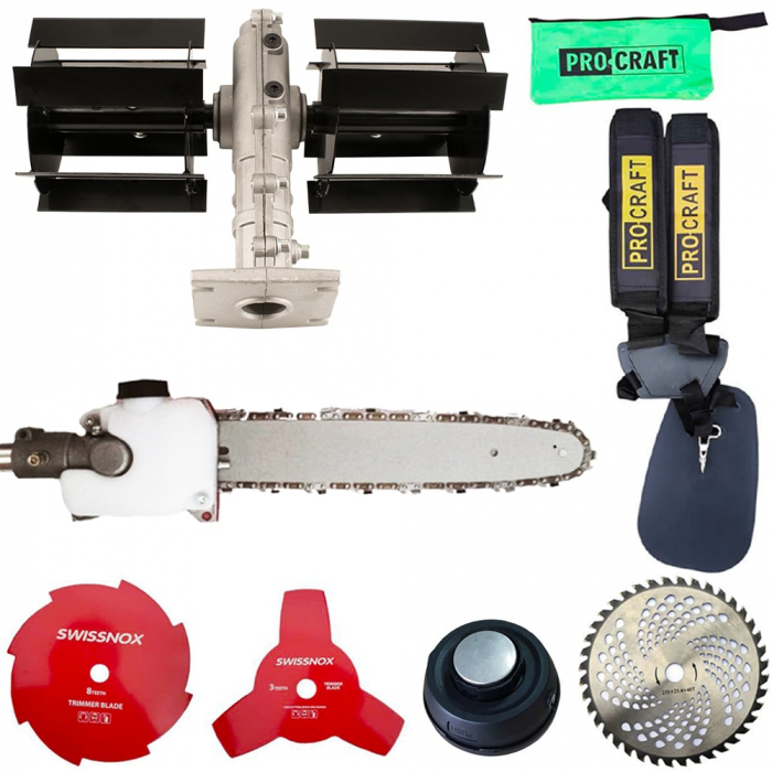 Set Motocoasa PROCRAFT T5600 PRO + accesoriu Fierastrau de taiat crengi + Prasitoare, motor 4 timpi, 7 accesorii, 7.3 CP, 62cm3, 9000Rpm, 4 sisteme de taiere [10]