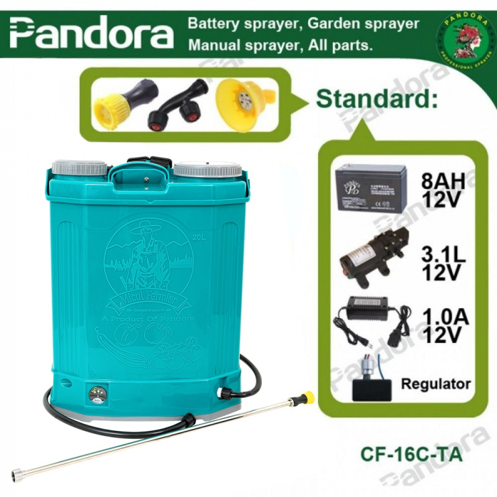 Pompa stropit electrica Pandora 20 Litri, 5,5 Bar + regulator presiune, vermorel cu baterie acumulator 12V, 8AH [1]