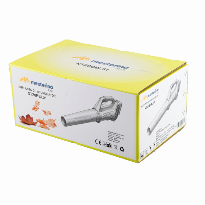 Suflanta frunze cu acumulator MESTERINO TOOLS NT20BBL01, putere 480W, debit 8.3 m3/minut, acumulator 2A / 21V, viteza aer 36 m/s [3]