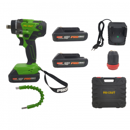 Bormasini / Masini de gaurit - Autofiletanta Procraft Industrial PA18Li DFR Extra, 18V, 2 Ah, 350-1200 rotatii + Prelungitor flexibil