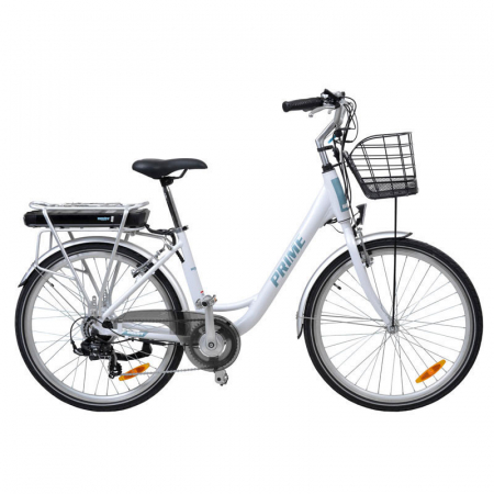 Teasc struguri - Bicicleta electrica Hecht prime white cu sasiu din aluminiu schimbator shimano acumulator 36 v